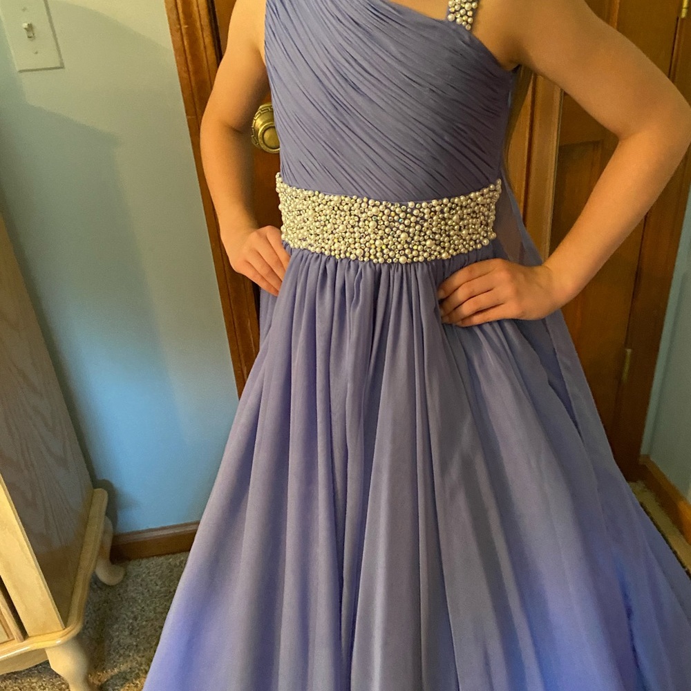 Morgan Jeff Pageant Dress in Periwinkle with Pearl and rhinestone detail